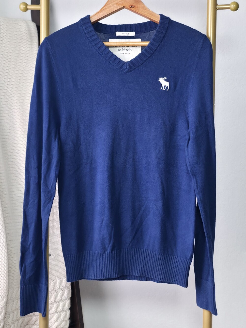 Abercrombie & Fitch Men's Muscle Sweater Blue Medium V-neck Cotton Knit